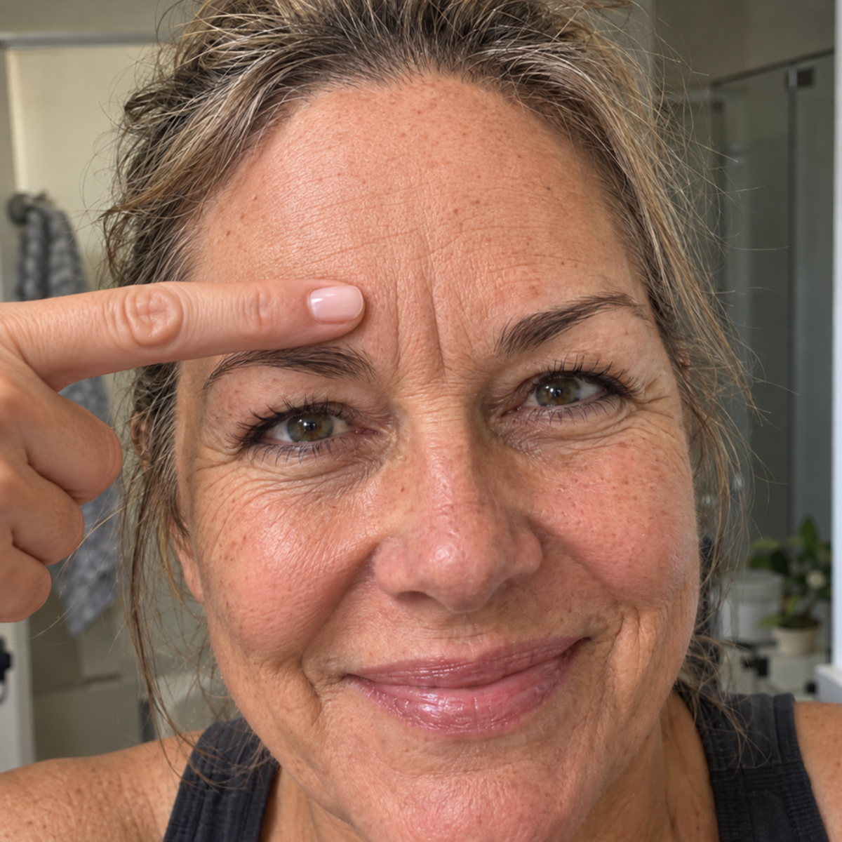 A customer pointing to the two vertical lines between her eyebrows