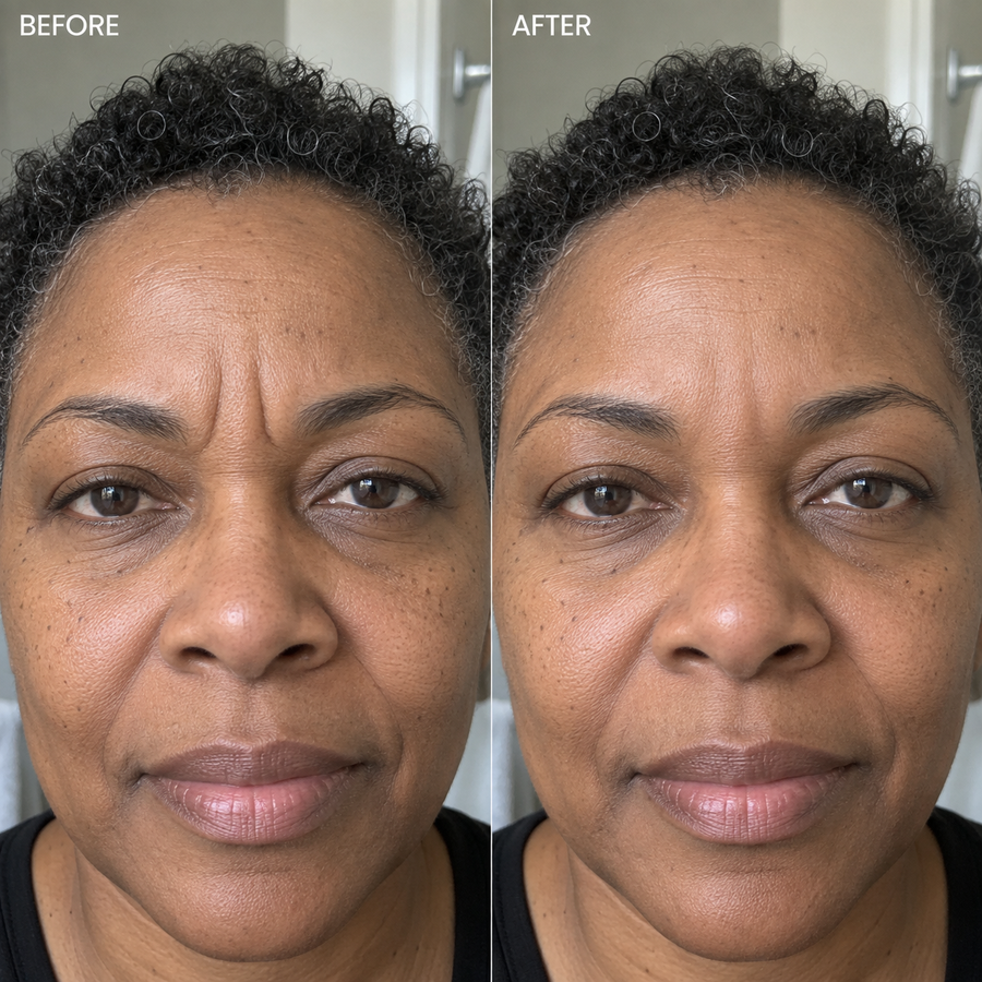 Customer showing smoother-looking skin between her brows