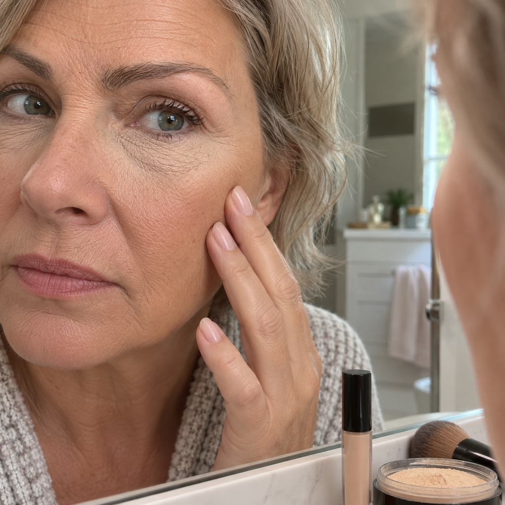 Heavier makeup making dry-looking texture more visible