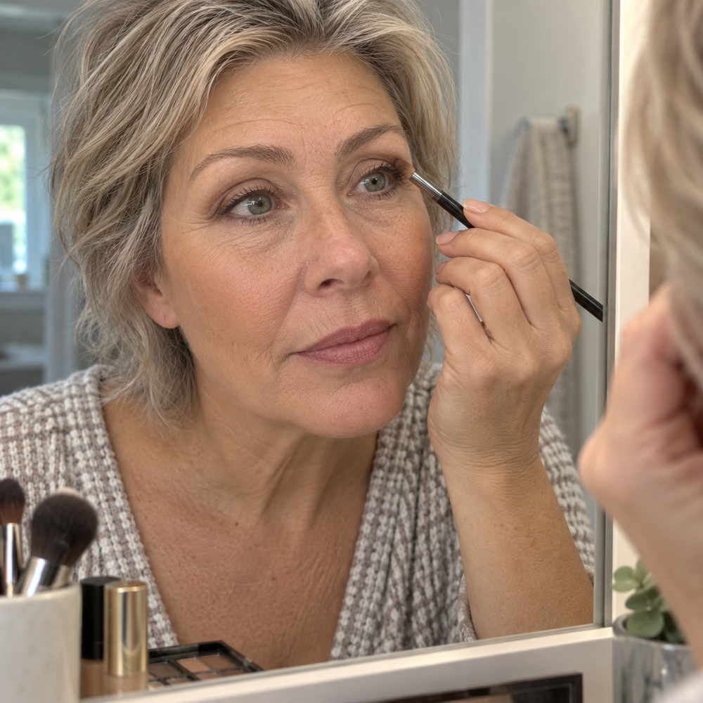 An experienced makeup user carefully applying her makeup at a vanity